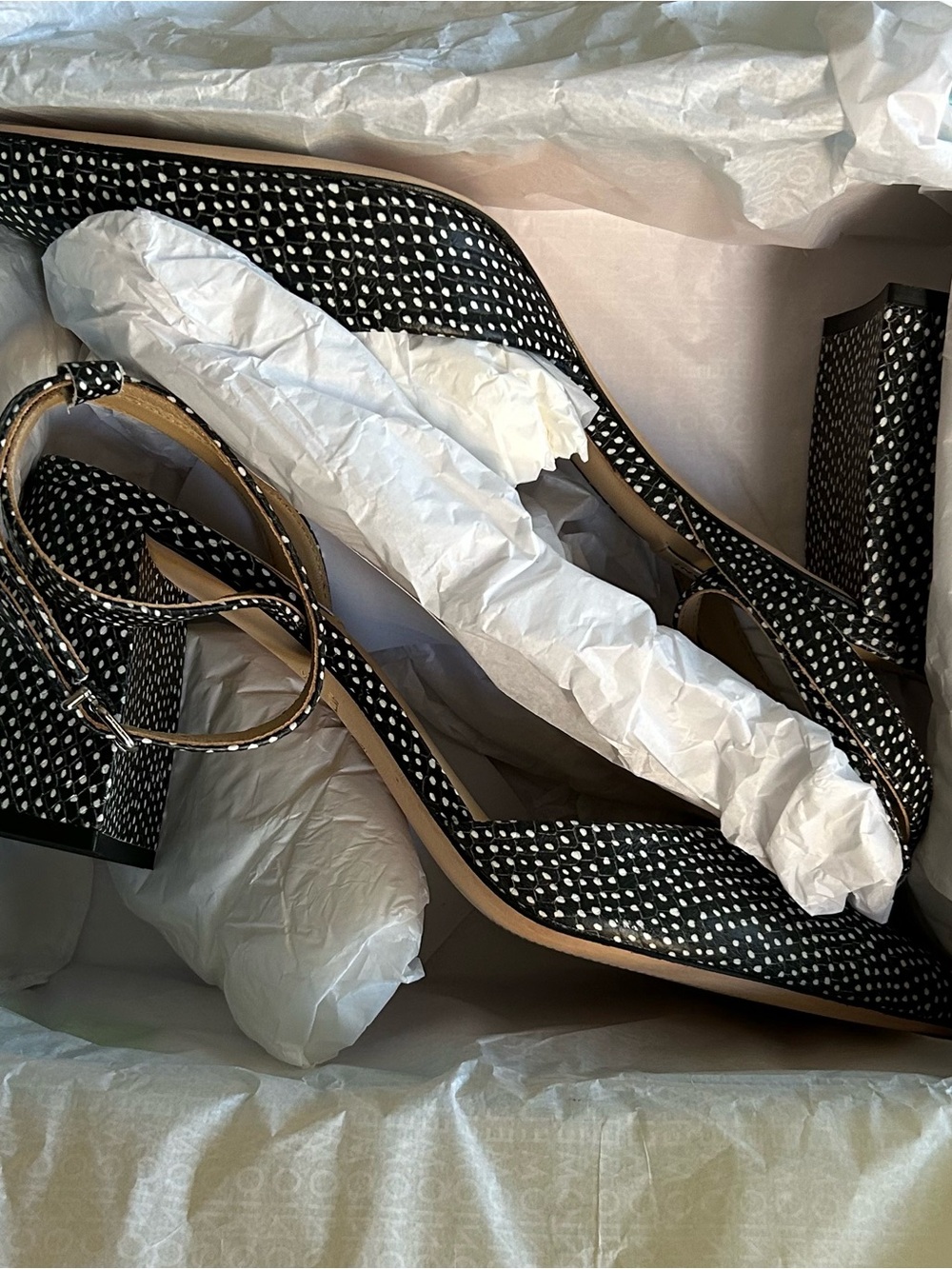 ANTONIO MELANI Black & White Polka Dot Block Heel Sandals